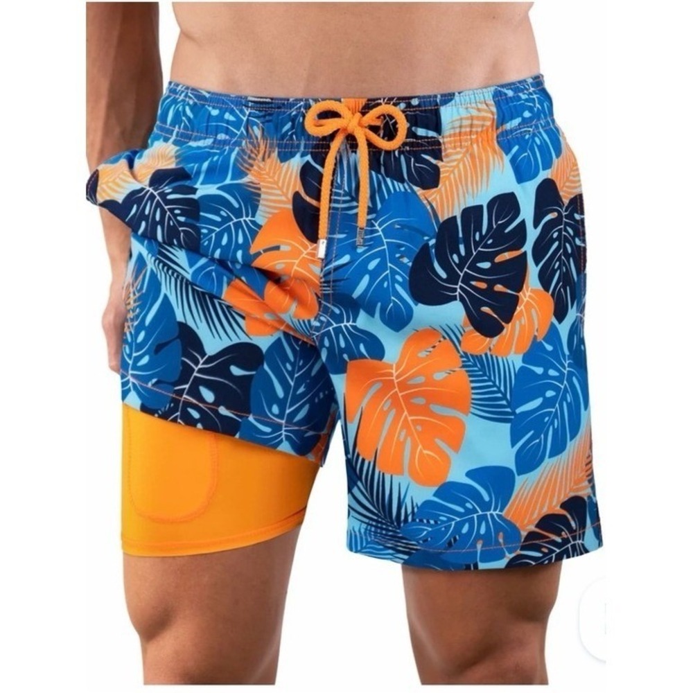 Capelle Miami Mens 2XL Tropical Swim Trunks Blue Orange Compression Lined